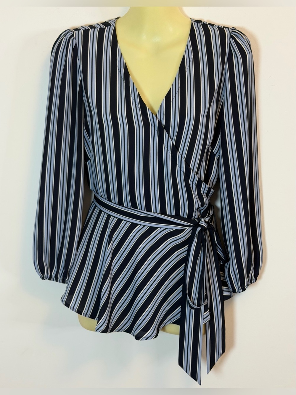 LOFT Petites Navy & White Striped Wrap Blouse